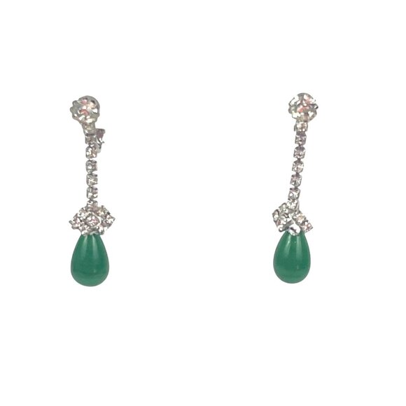 Kramer Green Teardrop Clip-On Earrings With Rhinestones - Picture 9 of 9